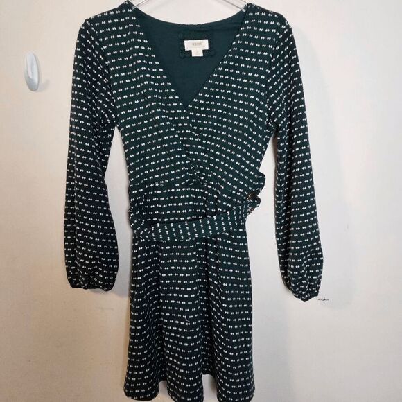 Maeve Anthropologie Malka Polka Dots Faux Wrap Belted Dress Womens Green Size Me - Picture 1 of 5